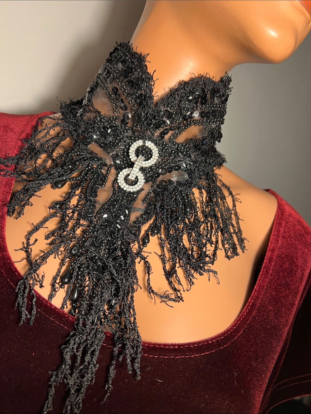 Black Beaded Fringe High-Collar Statement Necklace